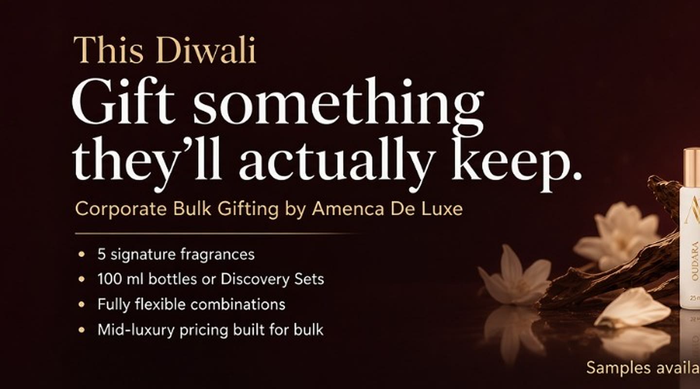 This Diwali, gift something they will actually keep. Corporate bulk gifting by Amenca De Luxe: 5 signature fragrances, 100 ml bottles or Discovery Sets, fully flexible combinations, mid-luxury pricing built for bulk. Samples available, custom quotes for HR teams.